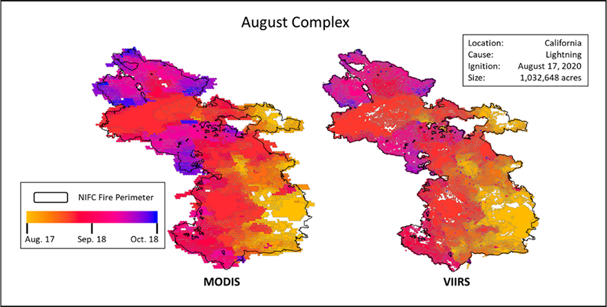 High-resolution sub-daily wildfire growth of the August Complex in California, August 17 through October 18, 2020, derived from MODIS and VIIRS fire detections. 